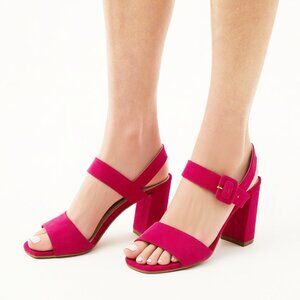 Prada Fuchsia Hot Pink Suede Block Heel Ankle Strap Buckle Sandals